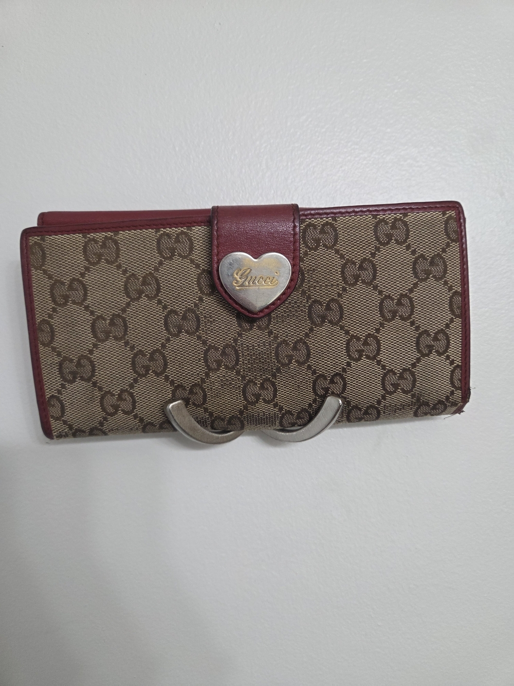 Gucci Heart Brown Monogram Canvas Wallet with Red Trim